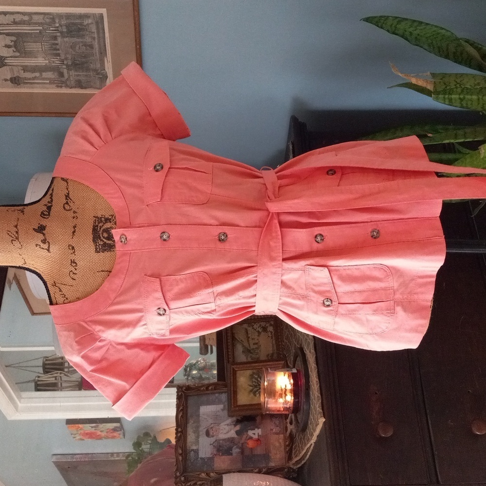 New York and Company Coral Button Up Belted Pocket Blouse